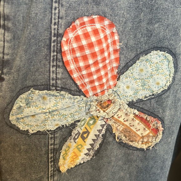 Easel Boho Blue Denim Bib Overalls with Floral Patches - Picture 6 of 12